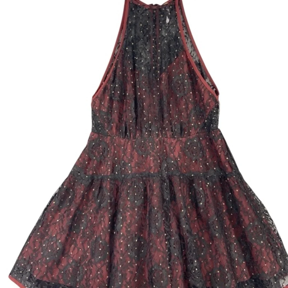 Free People Wish Upon A Star Black Burgundy Lace Halter Coquette Vampy Dress 2